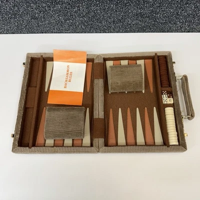 Vintage 1970s Corduroy Travel Backgammon Set Brown/Tan w/ Cups Dice & Rules - Image 1 of 4