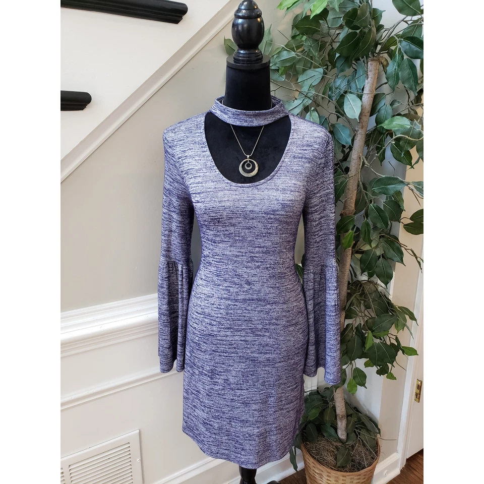 Kensie Mini Dress Women's Small Heather Purple Bell Sleeve Choker Neck Pullover - Image 1 of 4