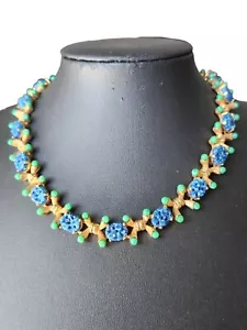 Collana girocollo vintage firmata JOMAZ blu floreale modellato vetro Pechino x link rara - Foto 1 di 16