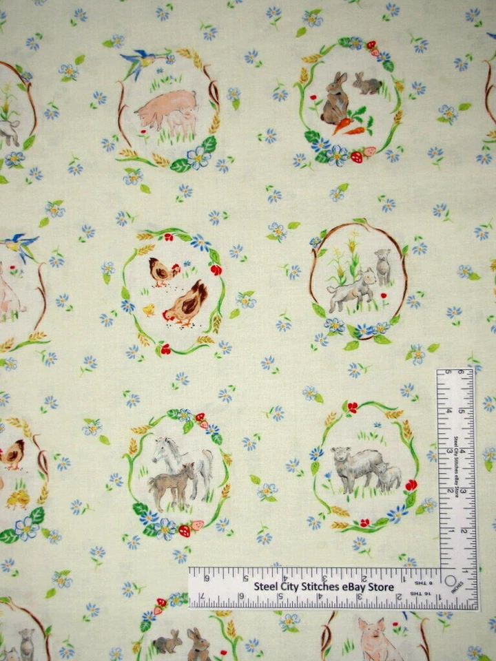 Farm Animal Fabric 1.250 Yards Pig Chicken Yellow Country Cotton by Red Rooster - Image 1 of 1