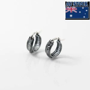 Woman Real s925 Sterling Silver Vintage Round Huggie Hoop Earring Clip - Picture 1 of 5