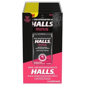 Full Box 8x Packs HALLS Minis Watermelon Menthol Cough Drops | 24 Drops Per Pack - Picture 1 of 7