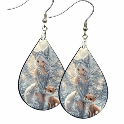 Pendientes de fantasía de hadas de la nieve de zorro rojo y invierno SIN DESLUSTRAR madera regalo artesanal Foto 1 de 4