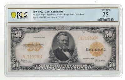 U.S. - Series of 1922 $50.00 Gold Certificate (PCGS VF 25) - Image 1 of 2