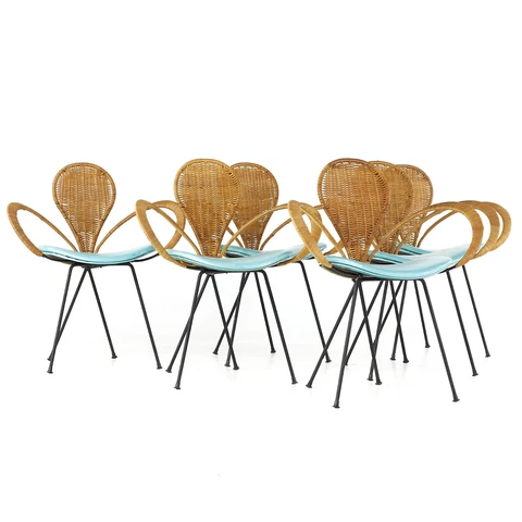 Arthur Umanoff for Shaver Howard Mid Century Rattan and Iron Dining Chairs - 6 Cover