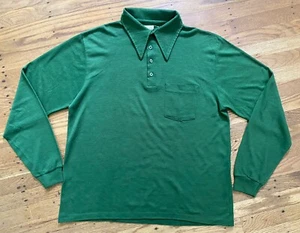1970s Mojave California Pea Green Wide Collar Long Sleeve Polo.70s Cali Style.LG - Picture 1 of 9