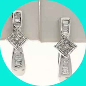 Diamond J Hoop Earrings .35CT 14K White Gold 3/4” Long - Picture 1 of 7