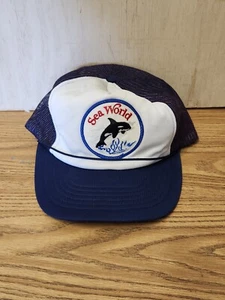 Vintage Sea World Mütze Kappe Erwachsene Einheitsgröße blau Trucker Druckknopflasche kleines Seil Netz - Bild 1 von 4