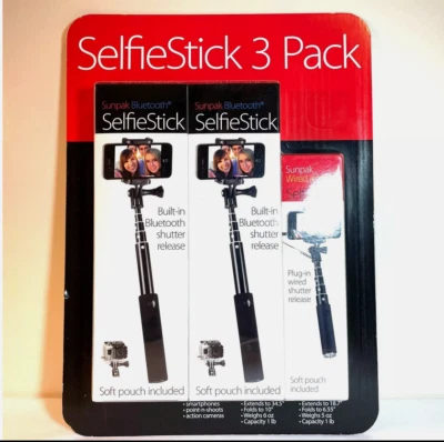 Paquete de 3 SUNPAK SELFIE STICK - 2 Bluetooth 1 con cable con bolsa blanda (NUEVO EN CAJA) Foto 1 de 4