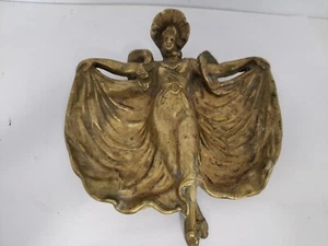 VINTAGE MID-20TH CENTURY BRASS LADY PIN/RING DISH, APPROX. 6" x 6-1/2" - Picture 1 of 6