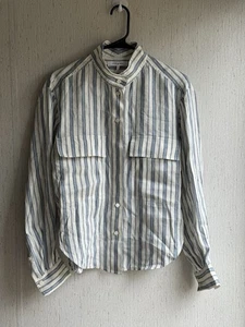 Neu ohne Etikett Rahmen Stehkragen Leinenmischung blau weiß gestreift Hemd Small - Bild 1 von 8