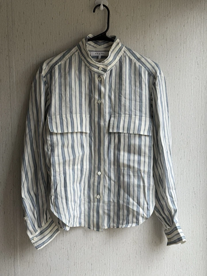 Camisa a Rayas Azul Blanco Cuello Alto Mezcla de Lino Azul Cuello Nuevo sin Etiquetas Pequeña Foto 1 de 4