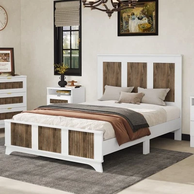 Rustic Brown Finish Queen Size Platform Bed Set Wooden Bedroom Furniture - Image 1 of 4