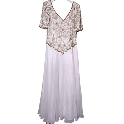 Vestido Formal Vintage Escala Cuentas Gasa M Marfil Dorado Floral Boda Fiesta Foto 1 de 4