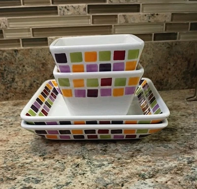 2006 Pampered Chef Simple Additions Tiles 2 Square Plates & 2 Bowls Lot Retired - Image 1 of 4
