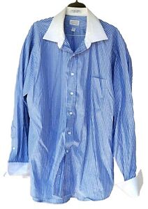 Men's Dress Shirt Eagle Shirtmakers French Cuffs SZ 17.5-34/35 Blue Pinstripe 