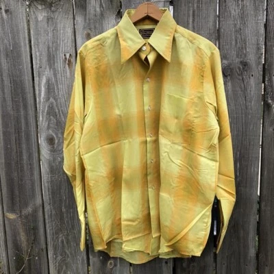 Camisa masculina xadrez sombra amarela década de 1960 Deadstock botão para baixo - Imagem 1 de 4