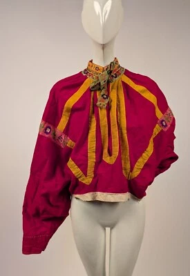 ANTIQUE 19TH C MEN’S ETHNIC FOLK SHIRT W SILK RIBBON TRIMS - Image 1 of 4