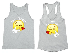 Couples Matching Tanks Emoji He's Bae Matching Couple Vneck + Crewneck Tanktops - Picture 1 of 1