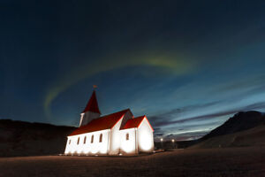 Aurora Borealis Above Rural Church with Red Roof in Vik Iceland Photo Art Print 