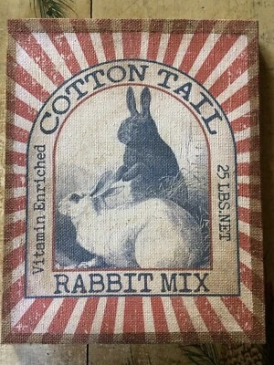 Bunny Rabbit Burlap Canvas Picture Print Rabbit Mix Primitive Farmhouse Country - Image 1 of 4