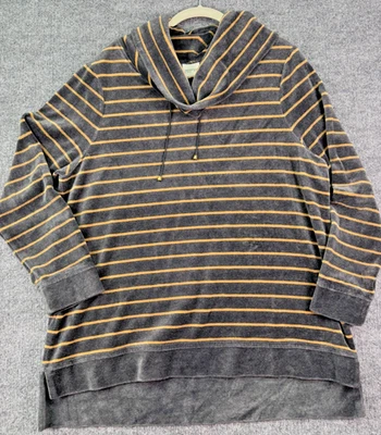 Zenergy by Chico’s Size 2 Large Gray Gold Stripe Velour Lurex Cowl Neck Pullover - Image 1 of 4