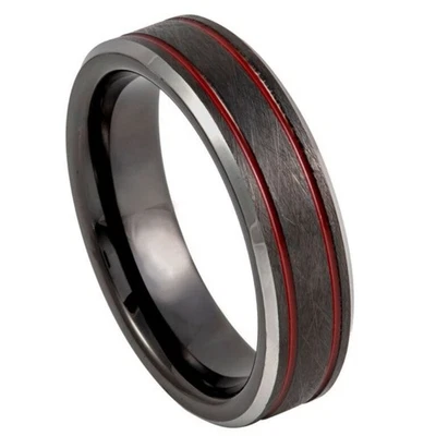 6mm Charcoal Gray Tungsten Ring Ice Finish Red Line Beveled Edge Men's Band - Image 1 of 3