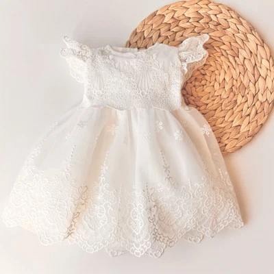 Vestido de bautizo, hecho a mano de algodón blanco roto vestido de bautizo para fiesta de bebé niña Foto 1 de 4