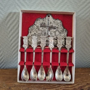 Vtg 6 Teaspoons w. Wall Holder Set Holland Netherlands Souvenir Original Box - Picture 1 of 13