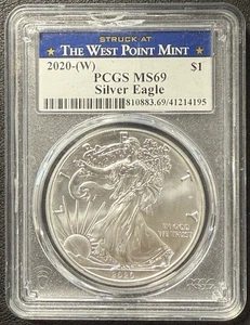 2020-(W) American Silver Eagle Struck @ West Point Mint PCGS MS 69 West P Label! - Bild 1 von 2