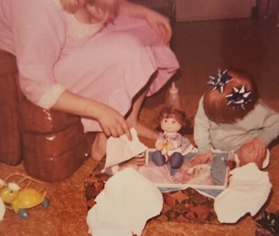 Vintage Old Color Photo 80's Christmas Caucasian Toddler Woman Mom Opening Gifts - Image 1 of 3