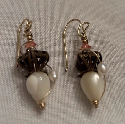 Handmade Bohemian￼￼ Mother Of Pearl, Antique Bronze Drop Earrings, Wedding Ready - Image 1 of 3