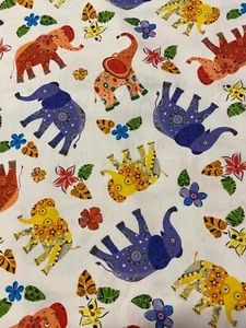 KIDS MOD ELEPHANTS FLOWER LEAVES WHITE BACKGROUND COTTON FABRIC FQ - Picture 1 of 4