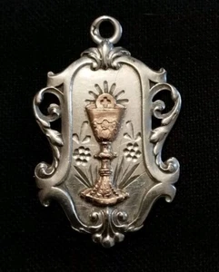 Médaille chrétienne ancienne XIXe S. Calice et hostie Argent massif - Picture 1 of 3