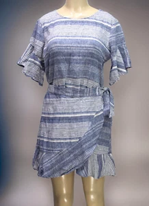 Express Linen Blend Chambray Wrap Dress Short Sleeve Stripes Blue/White Size L - Picture 1 of 8