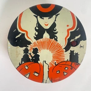 T. Cohn Round Ratchet Art Deco Witch 4" Halloween Noisemaker Tin Litho Goblins - Picture 1 of 13