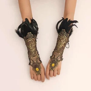 Embroidery Mittins Stage Accessory Hook Finger Gloves Lace Feather Gloves /a - Picture 1 of 22