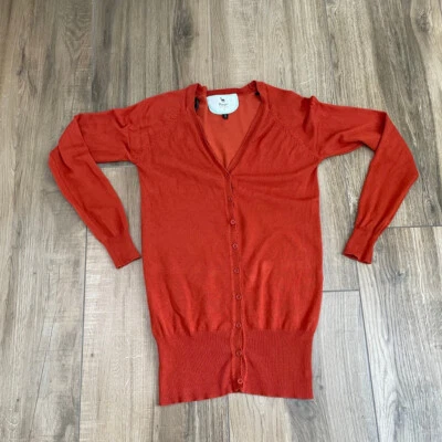 Cardigã feminino suéter mamão laranja médio gola V corpo longo algodão botão para cima - Imagem 1 de 4