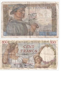 1944 France 2 Francs Banknote & BANK OF FRANCE 1940 10 + 100 Franc - Picture 1 of 4