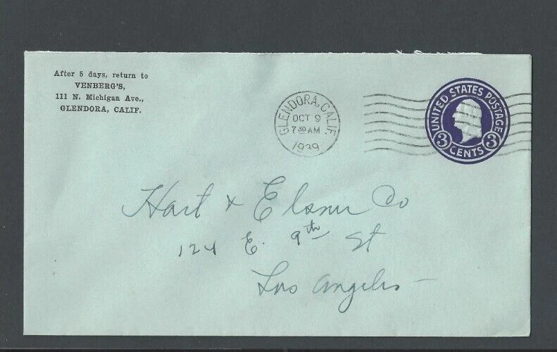 1939 Glendora CA  3c Purple Entire On Blue Cover - Image 1 of 1