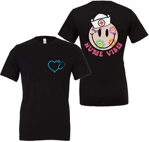 Women Nurse Vibes Smiley Face Shirt Scrub Nursing Short Sleeve T-Shirt Tees - Picture 1 of 9