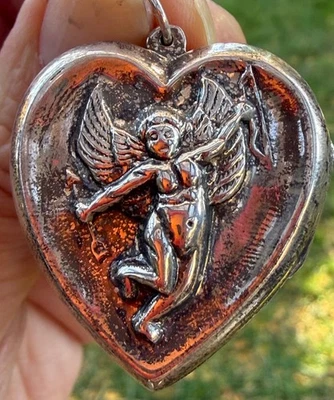 Sterling Silver Heart Locket Pendant Cupid Winged angle jewelry - Image 1 of 4