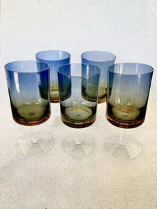 Vintage 1960s Denby Bluerina Krosno Wine Goblets Blue Amber Handblown 7” tall - Picture 1 of 8