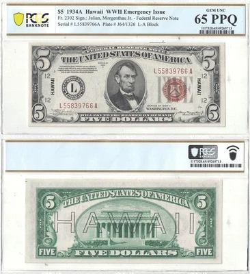 1934-A $5 Hawaii Fr-2302 PCGS GEM CU-65 PPQ - Image 1 of 3