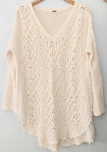 Free People Sweater Medium Cream White Cross My Heart Distressed Open Knit Boho - Picture 1 of 6