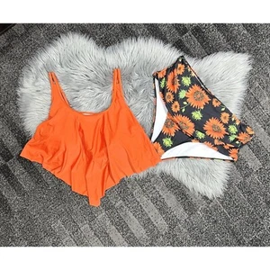 Womens 4XL Plus Sized Two Piece Ruched Orange Tankini Sunflower Swimsuit NEW - Picture 1 of 5