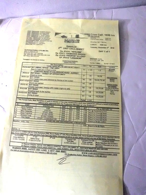 SUPERNATURAL TV SERIES CREW CALL SHEET for Several Episodes  2nd Unit - Image 1 of 4