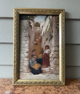 Antique Jean Benner Oil on Board Prostitutes on Steps Capri Listed Artist - Image 1 of 4