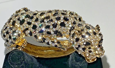 UNIQUE CROUCHING PANTHER HINGED BRACELET CRYSTAL & BLACK ENAMEL GOLD PLATED - Image 1 of 4