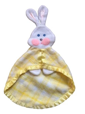Fisher Price 格子黄色兔子可爱婴儿安全毯兔子 1979 复古 — 第 1/4 张图片